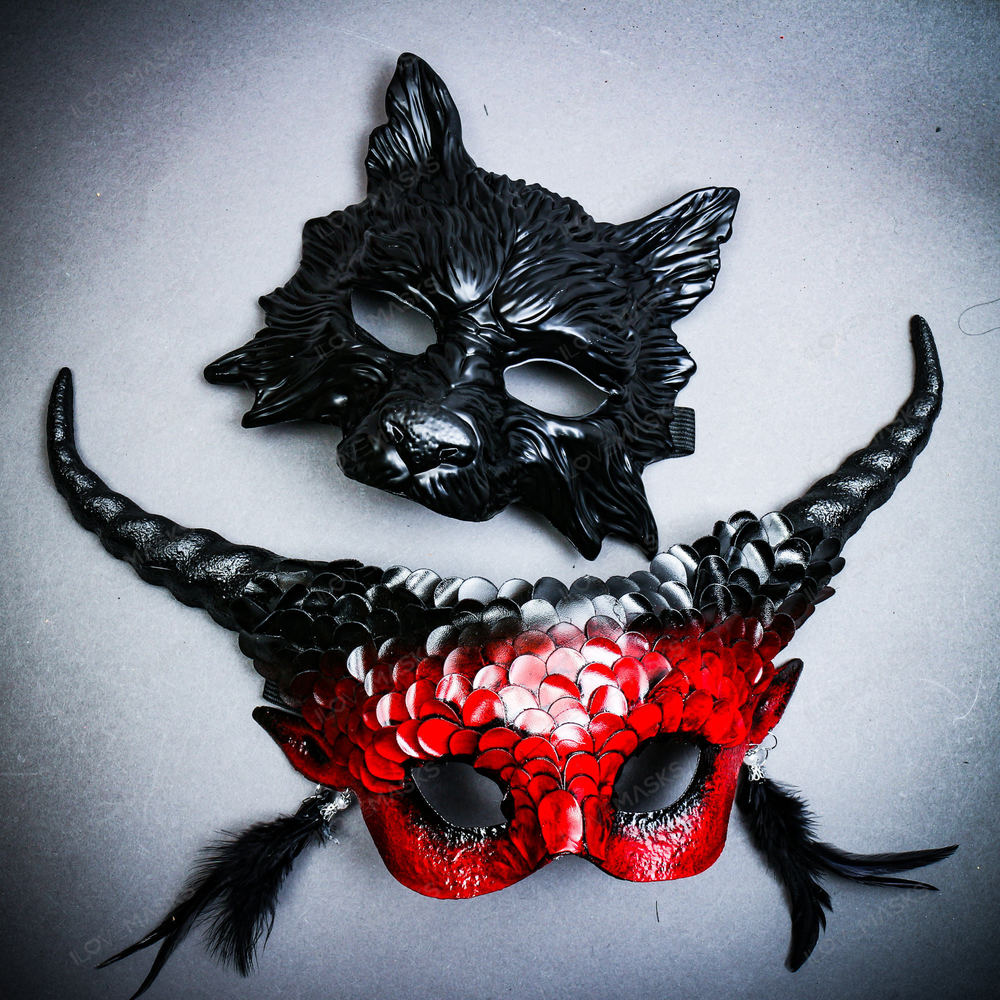 Black Wolf Animal Scary Masquerade w/ Devil Red Long Horn Halloween Couple Mask
